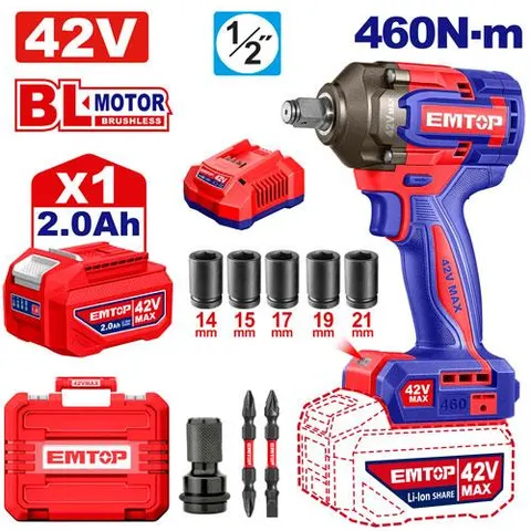 Emtop LLAVE DE IMPACTO 1/2" BL 460NM AL 1XBAT 42V +ACC