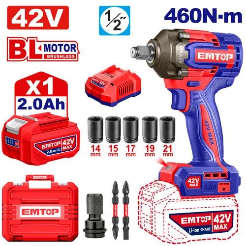 Emtop LLAVE DE IMPACTO 1/2" BL 460NM AL 1XBAT 42V +ACC