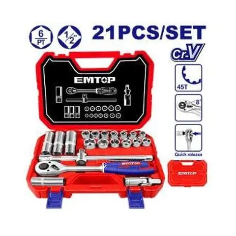Emtop JUEGO DE DADOS 1/2' HEXAGONALES CrV 21PZAS maletin